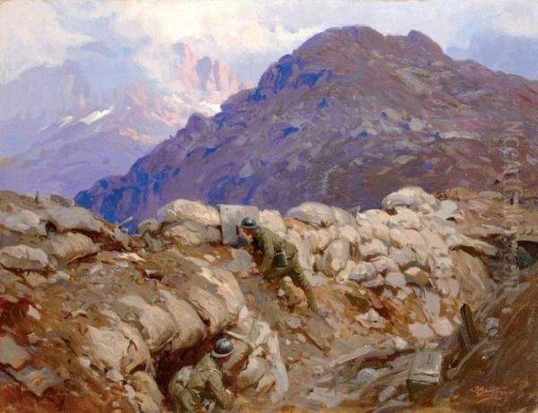 La Cima Del Col Di Lana Dopo Lo Scoppio Della Mina Oil Painting by Achille Beltrame