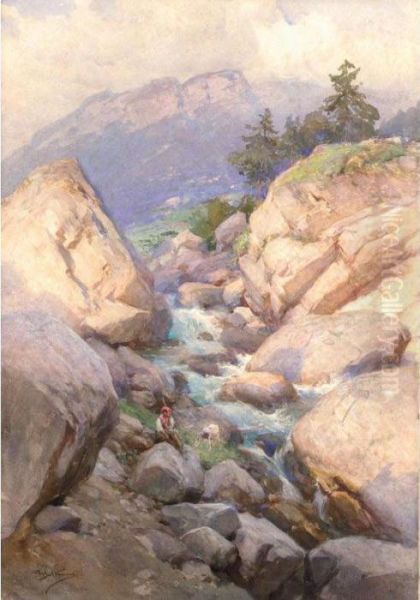 Torrente Di Montagna Oil Painting by Achille Beltrame