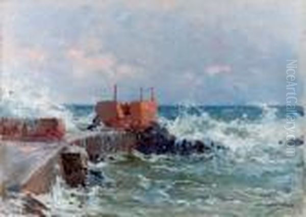 Molo Sotto La Mareggiata - (marina Di Nervi) Oil Painting by Achille Beltrame