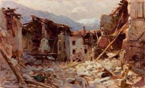 Effetto Di un 420 A Serravalle Val Lagarina Aprile 1916 Oil Painting by Achille Beltrame