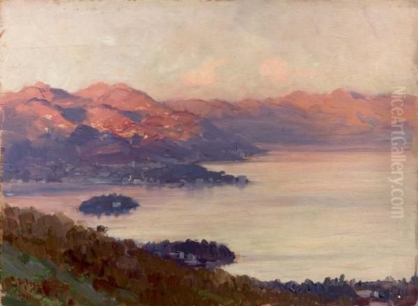 Il Lago Maggiore Al Tramonto - 1931 Oil Painting by Achille Beltrame