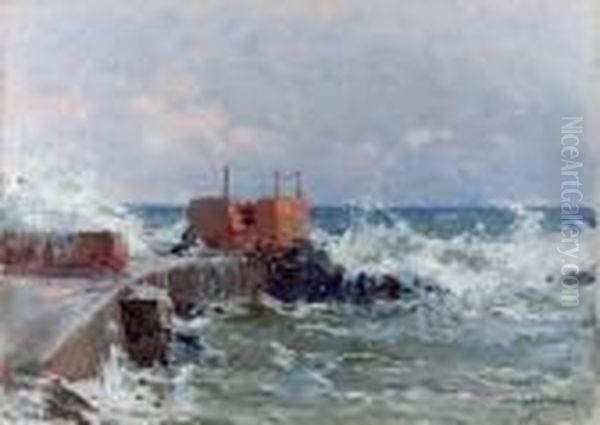 Molo Sotto La Mareggiata (marina Di Nervi) Oil Painting by Achille Beltrame