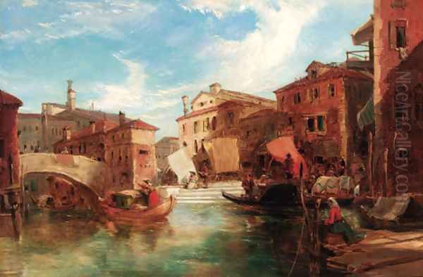 Gondolas by a market, Venice Oil Painting by James Holland