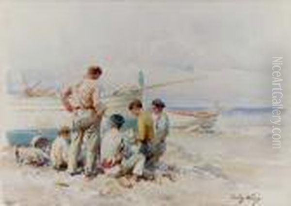 Pescatori Sulla Spiaggia Oil Painting by Achille Beltrame