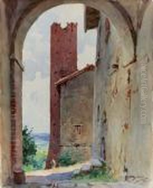 Veduta Di Paese Con Torre - 1944 Oil Painting by Achille Beltrame