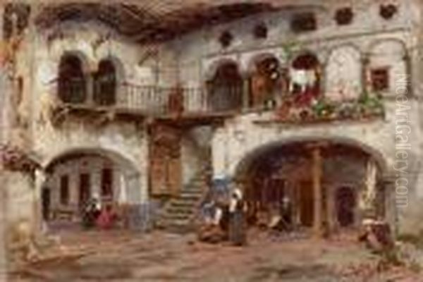 Corte Di Cascina Lombarda Oil Painting by Achille Beltrame