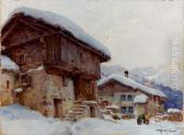 Case Sotto La Neve - 1931 Oil Painting by Achille Beltrame