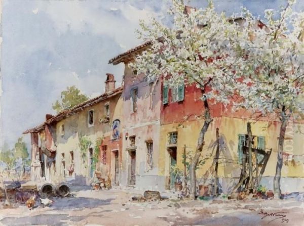 Cascina Con Mandorli - 1943 Oil Painting by Achille Beltrame