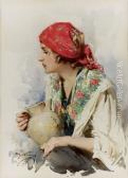 Ritratto Di Contadina Con Vaso E Fazzoletto Rosso - 1942 Oil Painting by Achille Beltrame