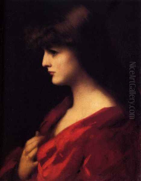 Study Of A Woman In Red Oil Painting by Jean-Jacques Henner