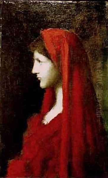 Head of a Woman with a Red Shawl Oil Painting by Jean-Jacques Henner