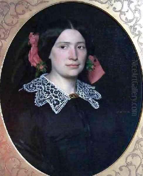 Portrait of Woman with Pink Ribbons and Lace Collar Oil Painting by Jean-Jacques Henner