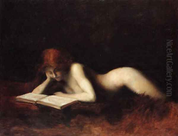 Reclining Nude Woman Reading a Book Oil Painting by Jean-Jacques Henner