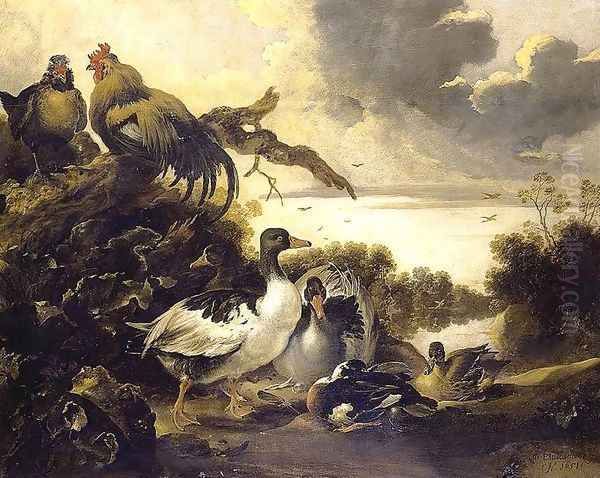 Fowl on a Riverbank 1651 Oil Painting by Gijsbert Gillisz. de Hondecoeter