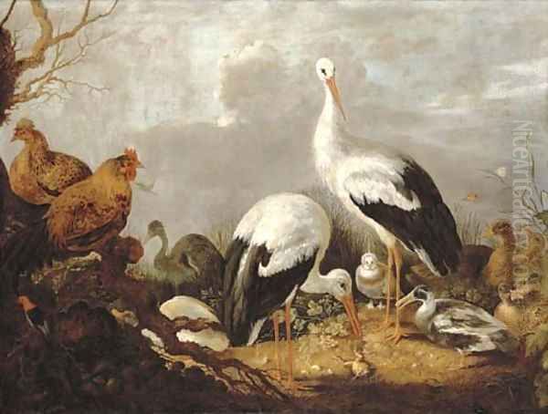 Storks, mallards, chickens, a heron, a frog and other birds in a river landscape Oil Painting by Gijsbert Gillisz. de Hondecoeter