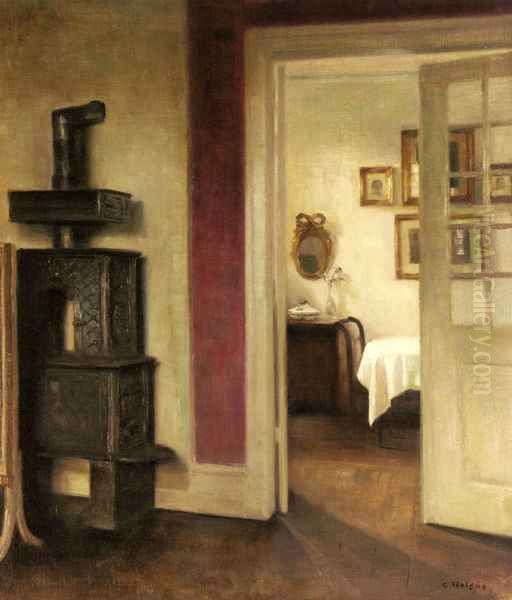 An Interior with a Stove and a View into a Dining Room by Carl Vilhelm Holsoe