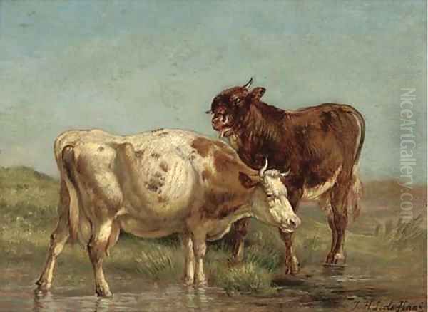 Cattle watering Oil Painting by Johannes-Hubertus-Leonardus de Haas