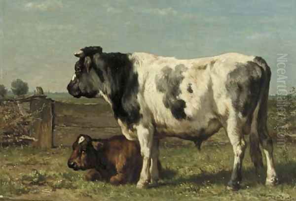 A bull and a calf in a meadow Oil Painting by Johannes-Hubertus-Leonardus de Haas