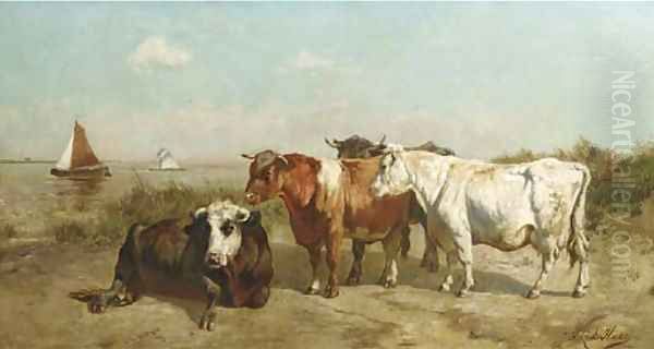 Cows on a waterside Oil Painting by Johannes-Hubertus-Leonardus de Haas