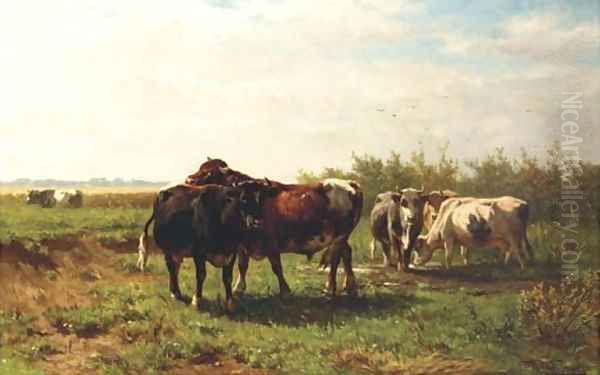 Les Paturages Hollandaises cattle in a meadow Oil Painting by Johannes-Hubertus-Leonardus de Haas