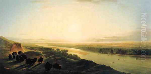 A Herd of Bison Crossing the Missouri River Oil Painting by William Jacob Hayes