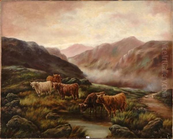 Troupeau Pres Du Ruisseau Dans La Campagne Ecossaise Oil Painting by Frank Moss Bennett