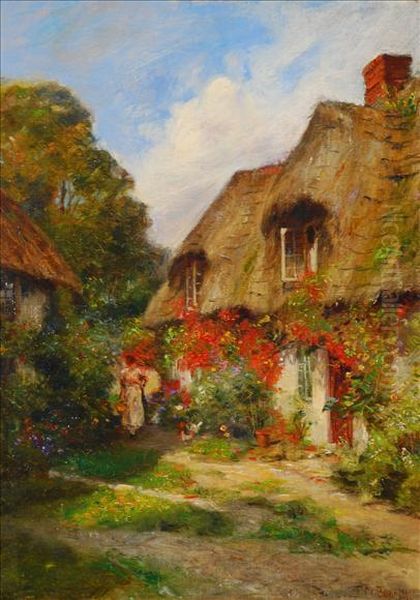 Figures By Acountry Cottage Oil Painting by Frank Moss Bennett