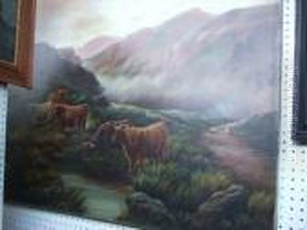 Highland Cattle Oil Painting by Frank Moss Bennett