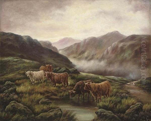 Highland Cattle, Mists Rolling In Oil Painting by Frank Moss Bennett