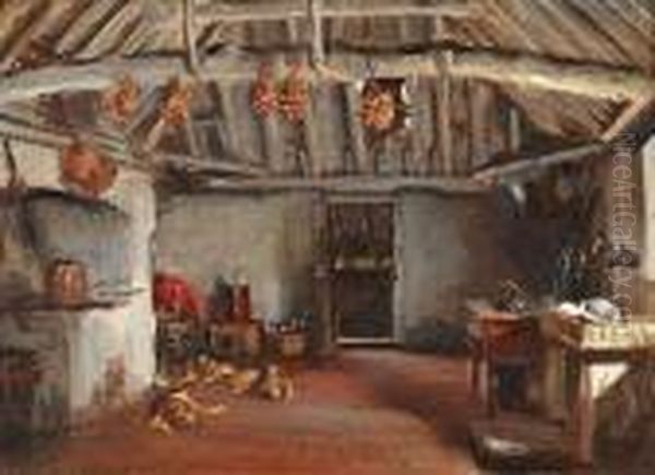 Cottage Kitchen Interior With Dogs Oil Painting by Frank Moss Bennett