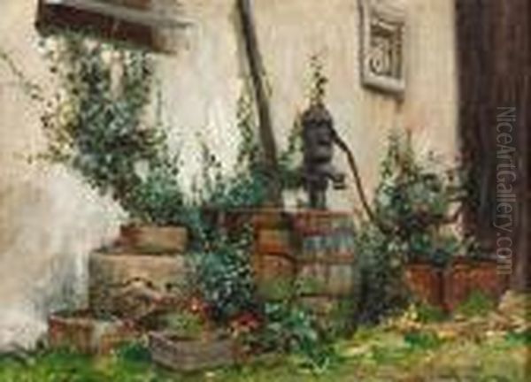 Cottage Wall With Water Pump And Butt Oil Painting by Frank Moss Bennett