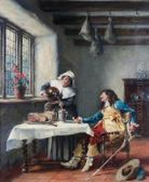 Interior Scene With Maid And Cavalier Seated At A Table Oil Painting by Frank Moss Bennett