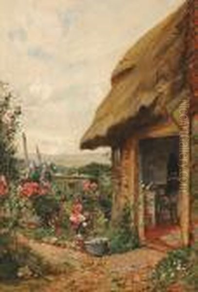 A Cottage Garden Oil Painting by Frank Moss Bennett