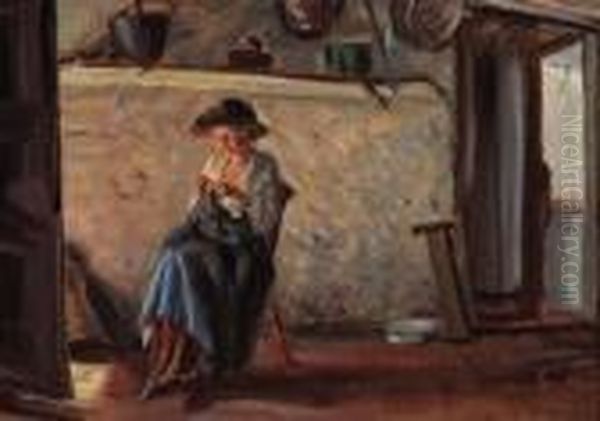 Woman Mending Oil Painting by Frank Moss Bennett