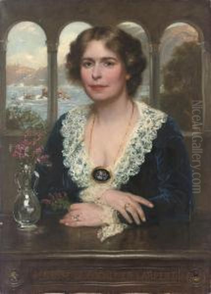 Portrait Of Penrose De Hochepied
 Larpent, Half-length, In A Blue Velvet Dress With Lace Collar And 
Cuffs, Seated At A Wooden Table, A Landscape Beyond Oil Painting by Frank Moss Bennett