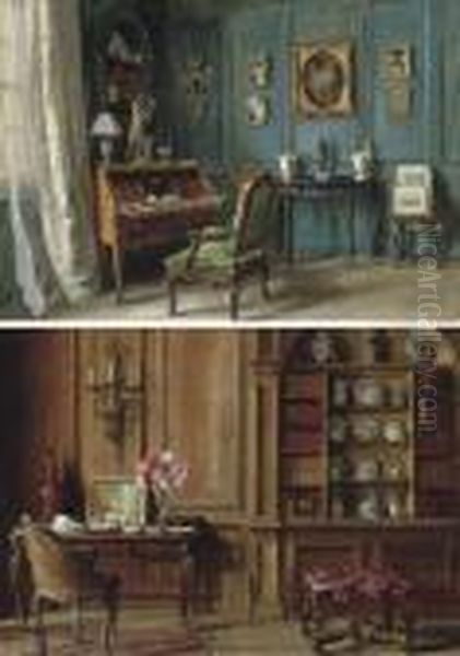 Lord Stanmore's Study; And Lord Stanmore's Drawing Room, At 186 Ebury Street, London Oil Painting by Frank Moss Bennett