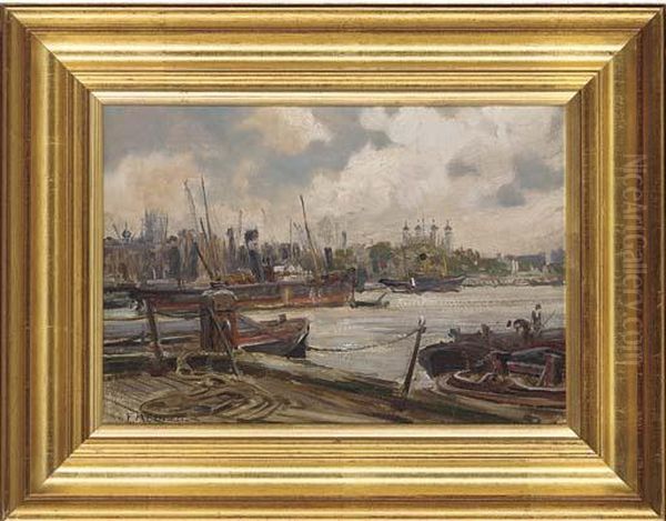 On The Thames, The Tower Of London Beyond Oil Painting by Frank Moss Bennett