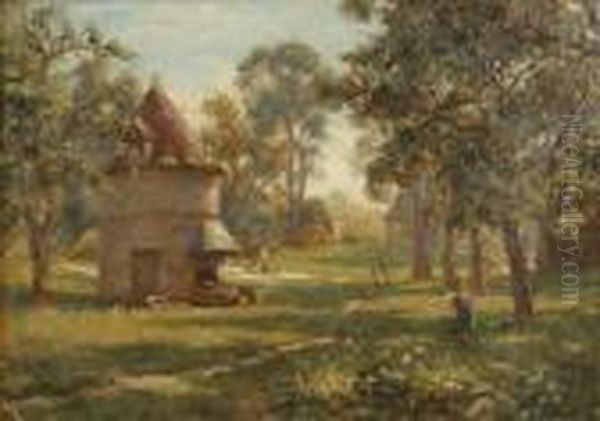 The Round Houseamidst Trees With Children Oil Painting by Frank Moss Bennett