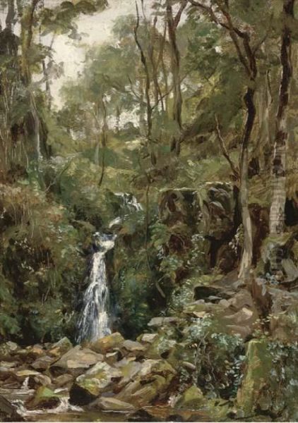 A Wooded Waterfall Oil Painting by Frank Moss Bennett