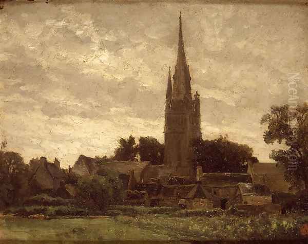 La torre de la iglesia. Cercanías de Douarnenez. (The tower of the church. Neighborhoods of Douarnenez.) Oil Painting by Carlos de Haes