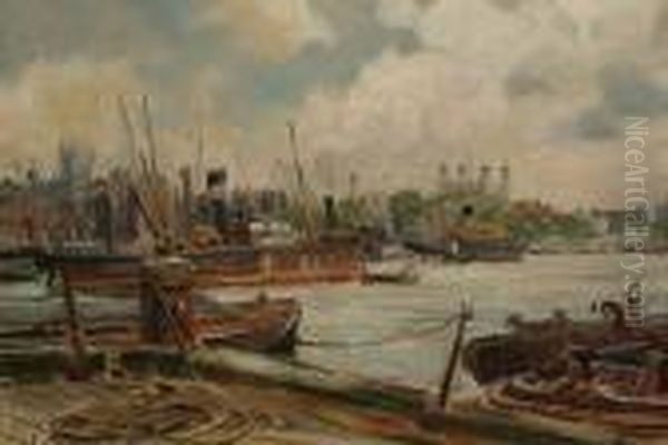 A View Across The Thames Towards The Tower Oil Painting by Frank Moss Bennett