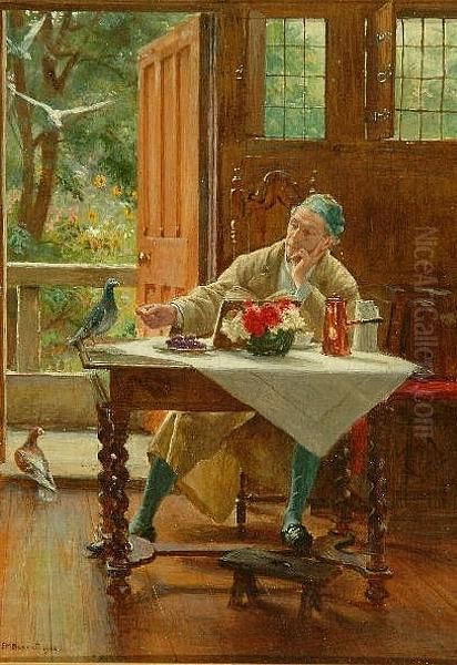 Gentlemen Seated In An Interior Feeding Pigeons, A Garden Beyond Oil Painting by Frank Moss Bennett