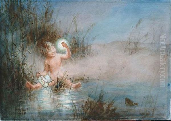 A Young Child In Misty Waters Holding A Glowing Lamp by Frank Moss Bennett