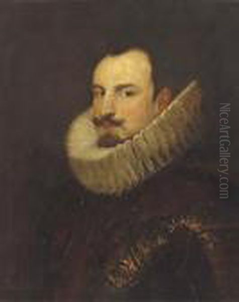 Portrait Of A Gentleman, Quarter-length, In A White Ruff Andarmour Oil Painting by Frank Moss Bennett