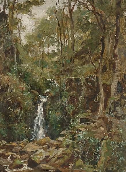 Waterfall In A Wooded Glade Oil Painting by Frank Moss Bennett