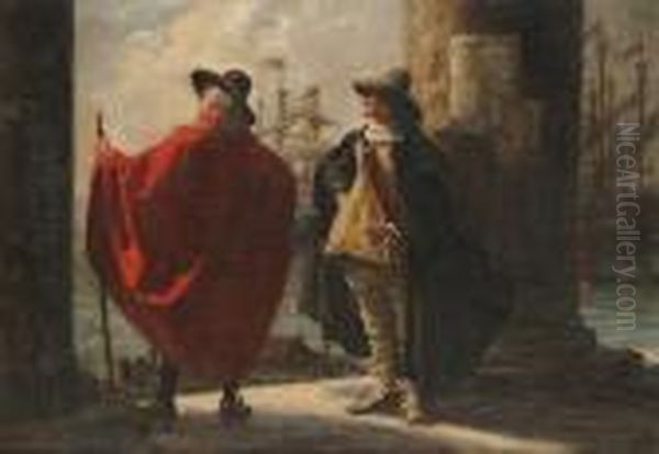 Two Gentlemen In Historical Dress On A Quayside Oil Painting by Frank Moss Bennett