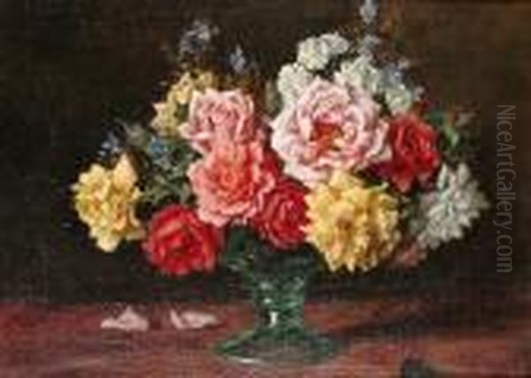 Roses In A Glass Vase Oil Painting by Frank Moss Bennett