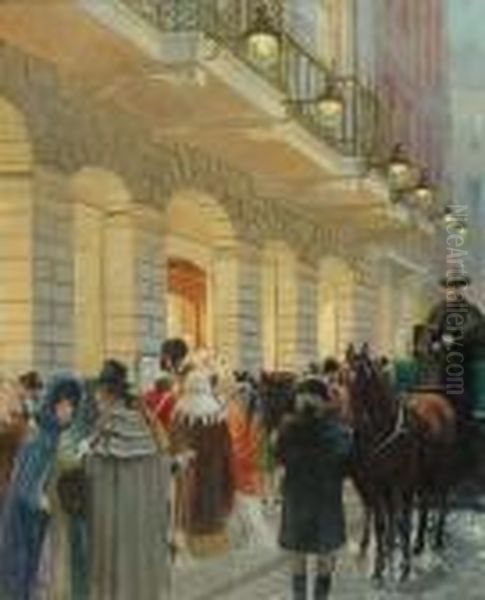 Figures Gathered At Drury Lane 1820 Oil Painting by Frank Moss Bennett