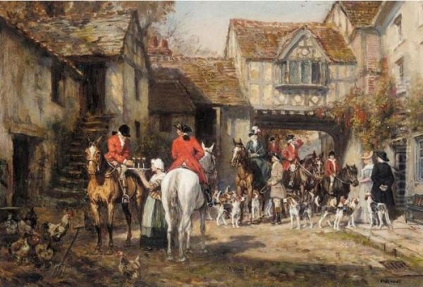 Hunstmen And Hounds In A Courtyard Oil Painting by Frank Moss Bennett