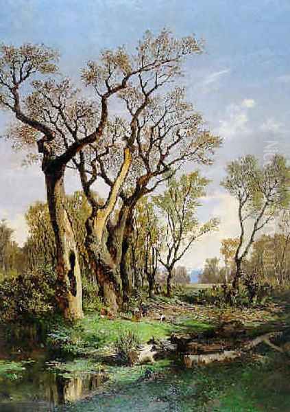 Bosque con leñadores Oil Painting by Carlos de Haes